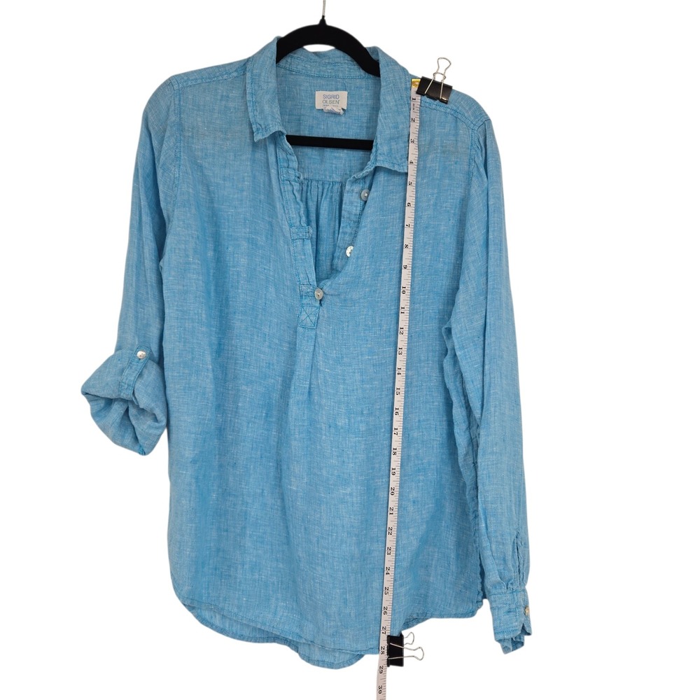 Sigrid Olsen Button Up Top Women Large Blue Linen Roll Tab Casual Summer Blouse - Picture 5 of 9